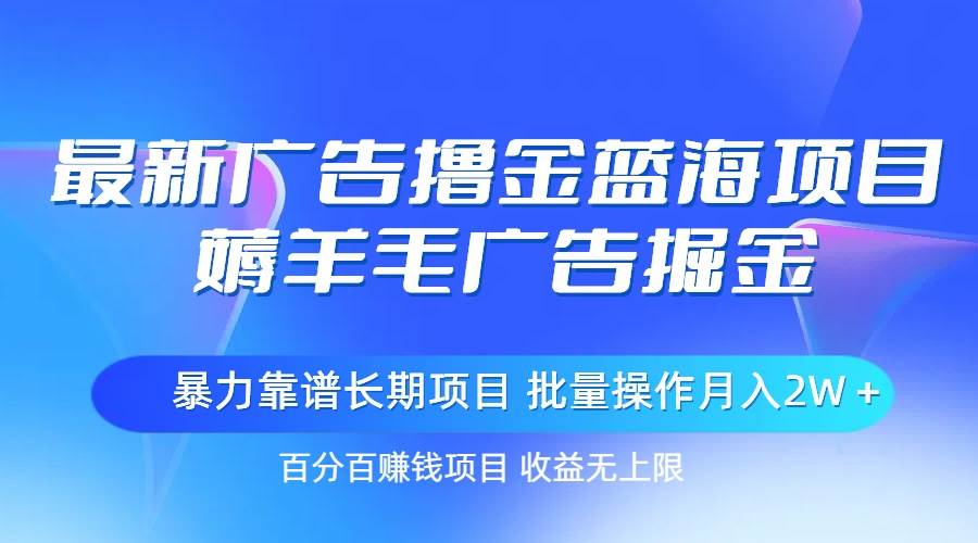 最新广告撸金蓝海项目，薅羊毛广告掘金 长期项目 批量操作月入2W＋-2Y资源