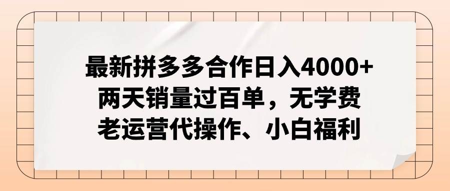 最新拼多多合作日入4000+两天销量过百单，无学费、老运营代操作、小白福利-2Y资源