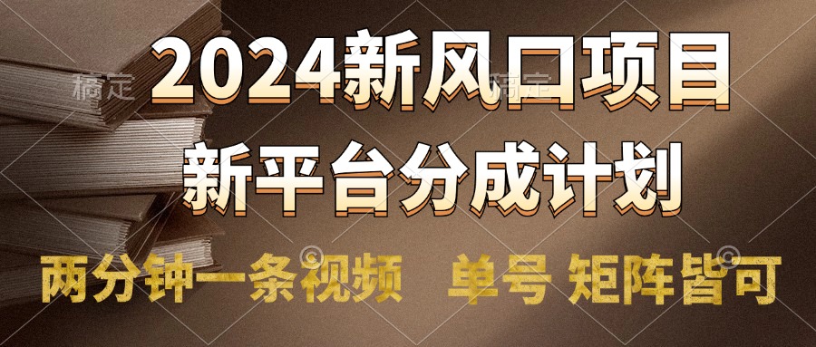 2024风口项目，新平台分成计划，两分钟一条视频，单号轻松上手月入9000+-2Y资源